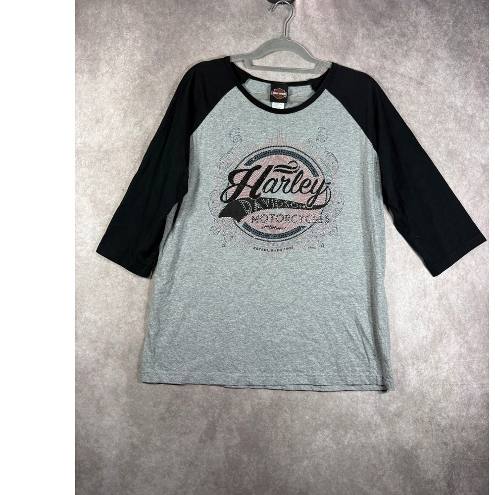 Harley Davidson Shirt Womens Size XL Gray Black Raglan Graphic Rhinestone Biker